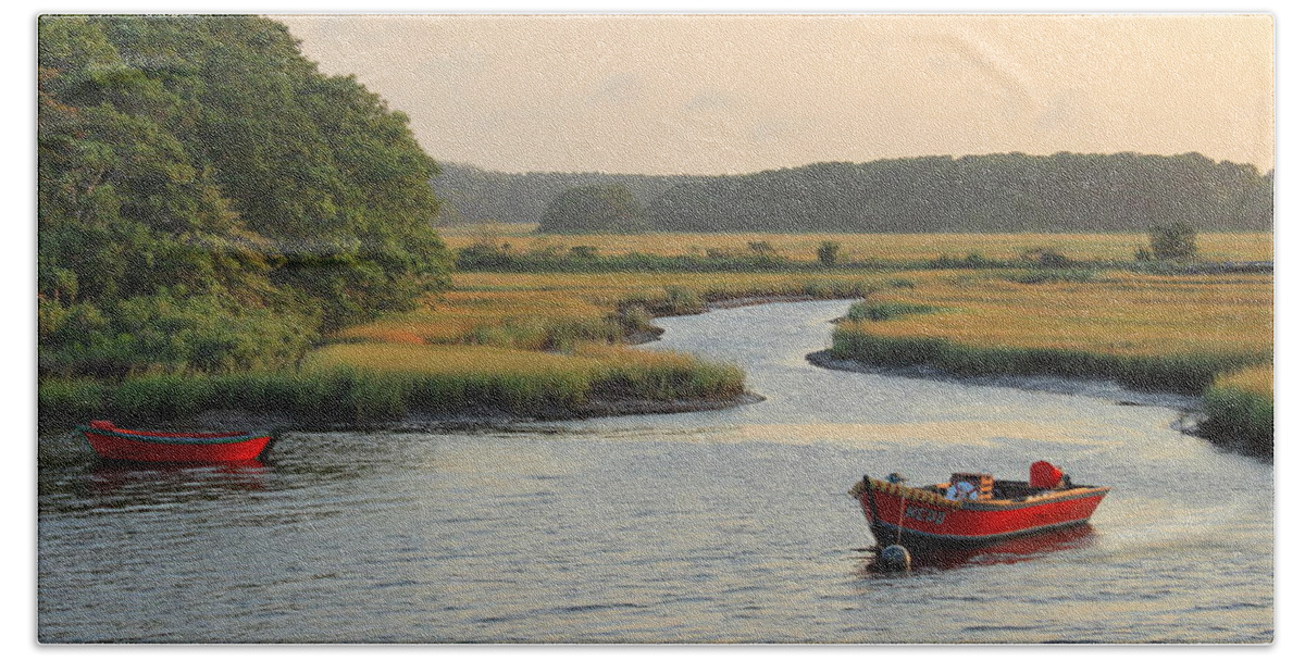 Harwich Bath Towel featuring the photograph Herring River and Red Boats Cape Cod #1 by John Burk