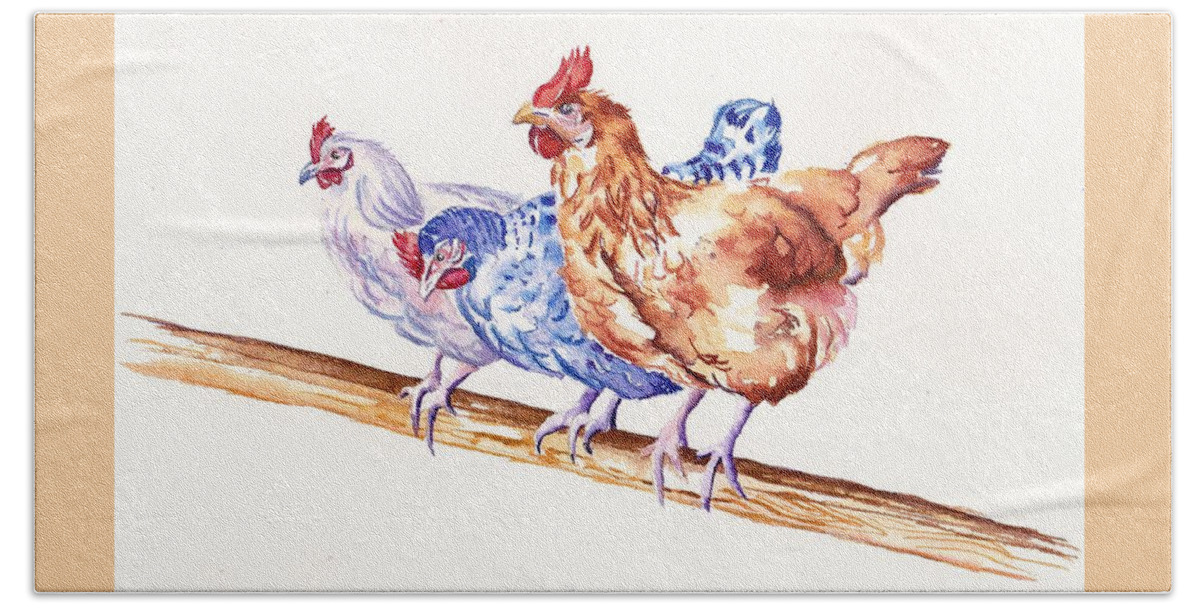 Chickens Bath Towel featuring the painting High Flyers - Chickens by Debra Hall