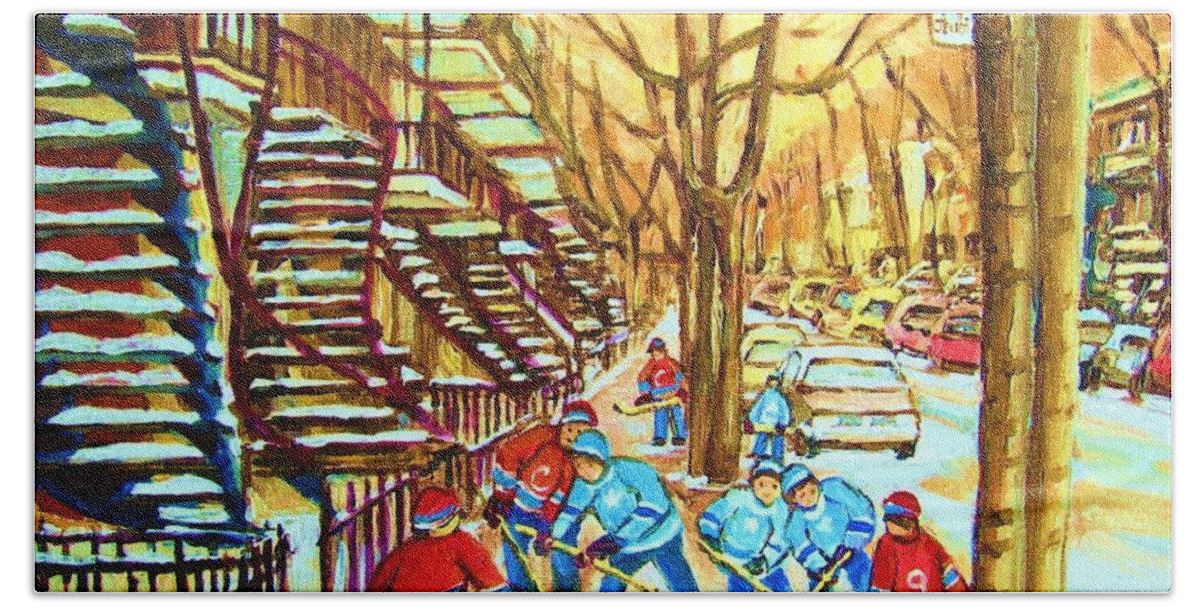 Montreal Bath Sheet featuring the painting Hockey Game near Winding Staircases #1 by Carole Spandau