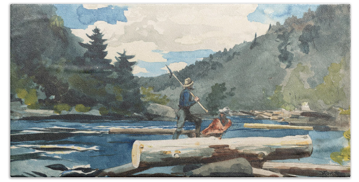 Winslow Homer Bath Towel featuring the drawing Hudson River, Logging #1 by Winslow Homer
