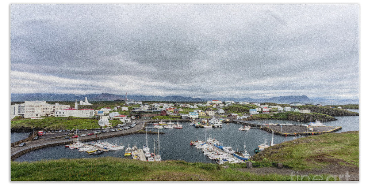 Coastline Hand Towel featuring the photograph Iceland fisherman harbor #1 by Didier Marti