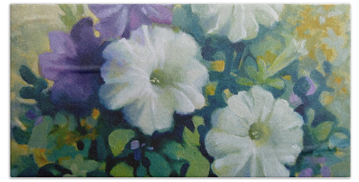Petunias Hand Towel featuring the painting In harmony #1 by Elena Oleniuc