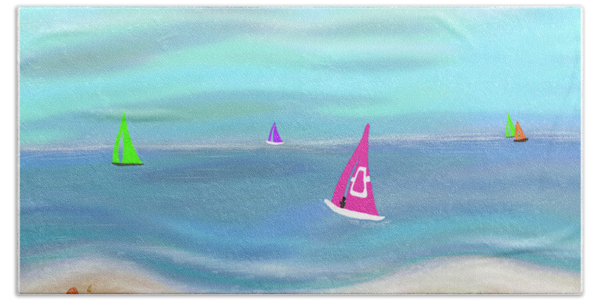 Pink Bath Towel featuring the painting In the Pink - Sailing in Tropical Waters by Barefoot Bodeez Art