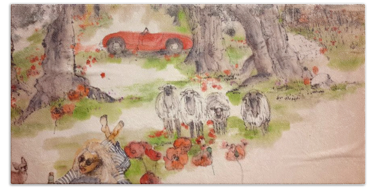 I Taly . Apuglia. . Landscape. A Friend. Kitten.. Sheep. Trullo. Car Hand Towel featuring the painting Italy love life and linguini album #1 by Debbi Saccomanno Chan