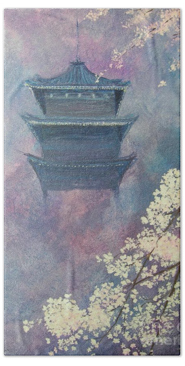 Landscape Japan Bath Towel featuring the painting Japanese Spring scene by Lizzy Forrester