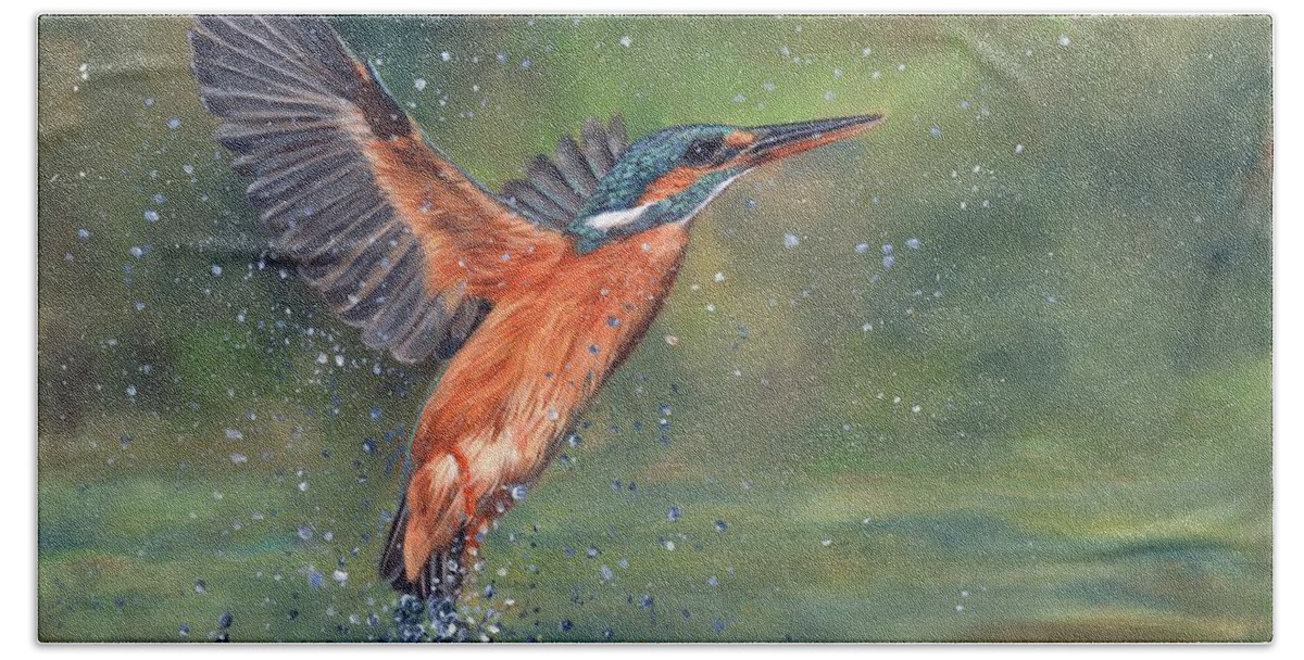Kingfisher Bath Towel featuring the painting Kingfisher #2 by David Stribbling