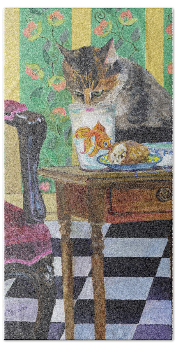 Kitten Bath Towel featuring the painting Kitten and Cannoli by Linda Kegley