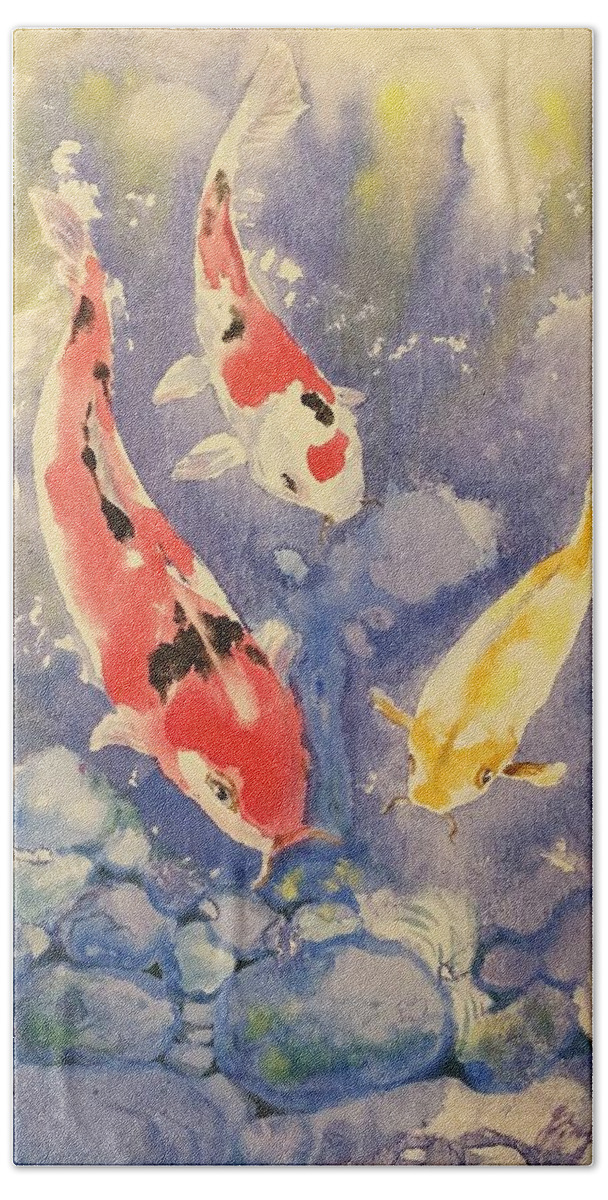  Bath Towel featuring the painting Koi Pond #1 by Ping Yan