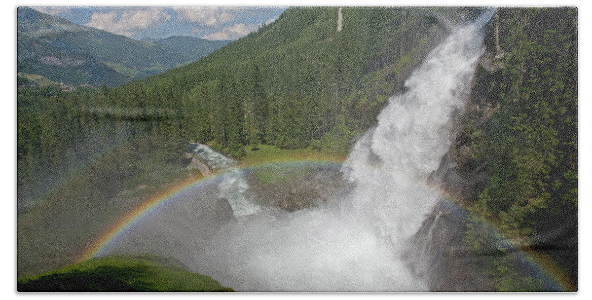 Krimml Hand Towel featuring the photograph Krimml Waterfall and Rainbow #2 by Aivar Mikko