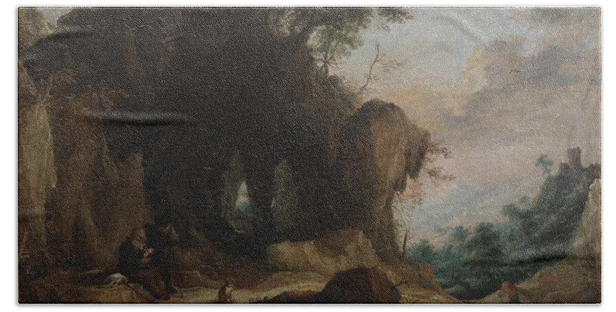 Landscape With A Hermit Hand Towel featuring the painting Landscape with a hermit #1 by MotionAge Designs