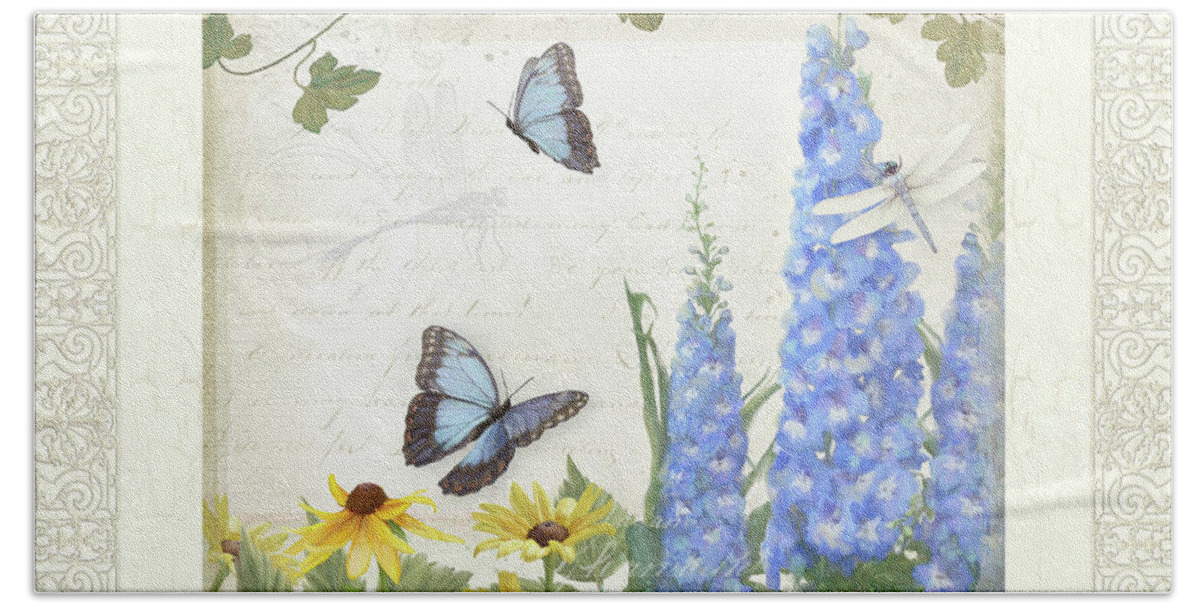 E Petit Jardin Bath Towel featuring the painting Le Petit Jardin 1 - Garden Floral w Butterflies, Dragonflies, Daisies and Delphinium by Audrey Jeanne Roberts