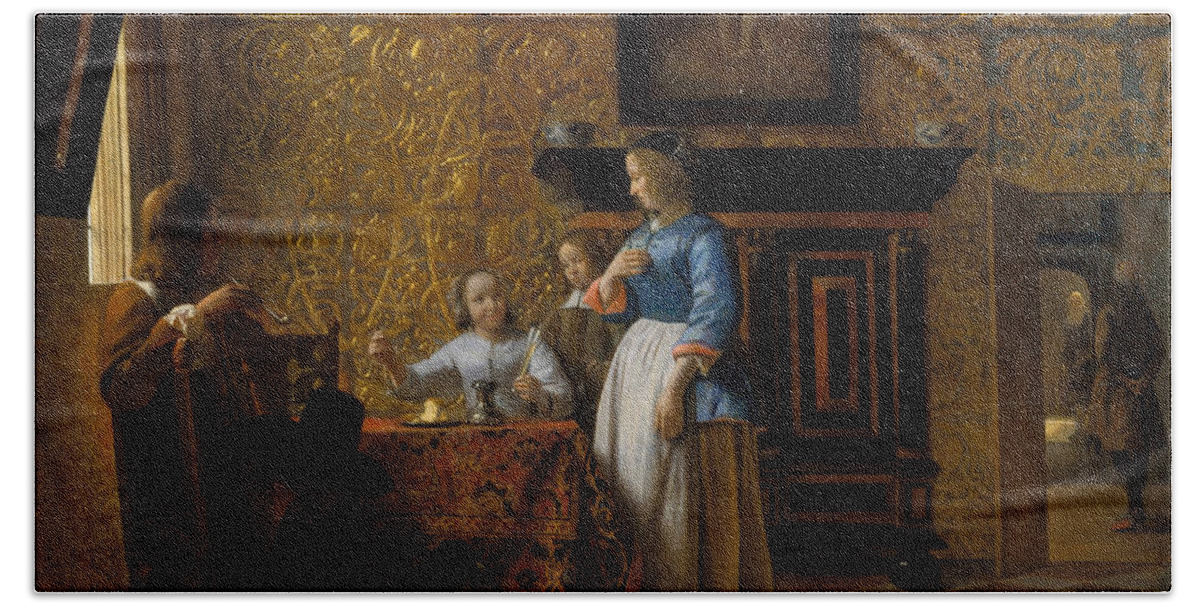 Baroque Hand Towel featuring the painting Leisure Time in an Elegant Setting #1 by Pieter de Hooch