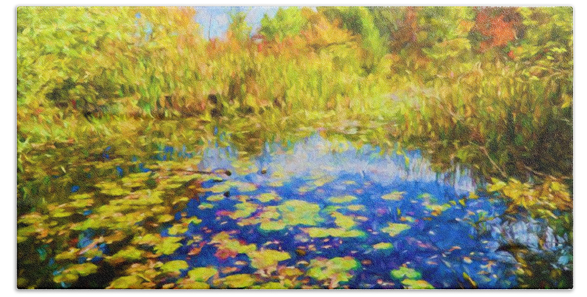 Autumn Bath Towel featuring the painting Lily Pond by Lilia D