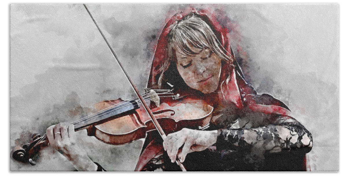 Lindsey Stirling Bath Towel featuring the mixed media Lindsey Stirling #7 by Marvin Blaine