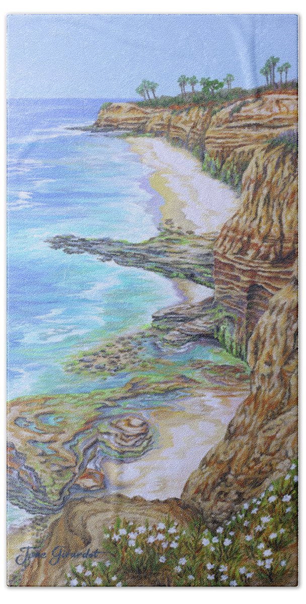 Sunset Bath Sheet featuring the painting Low Tide Sunset Cliffs #1 by Jane Girardot
