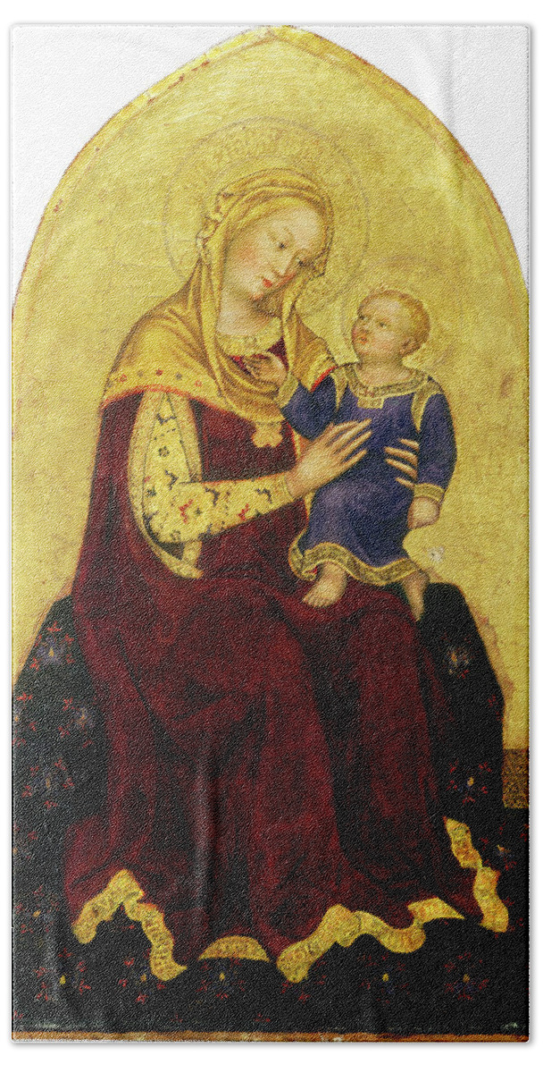 Madonna And Child Enthroned Bath Towel featuring the painting Madonna and Child Enthroned #1 by Gentile da Fabriano