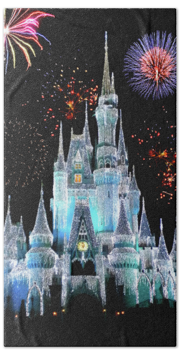 Castle Bath Towel featuring the photograph Magic Kingdom Castle In Frosty Light Blue with Fireworks 06 MP by Thomas Woolworth