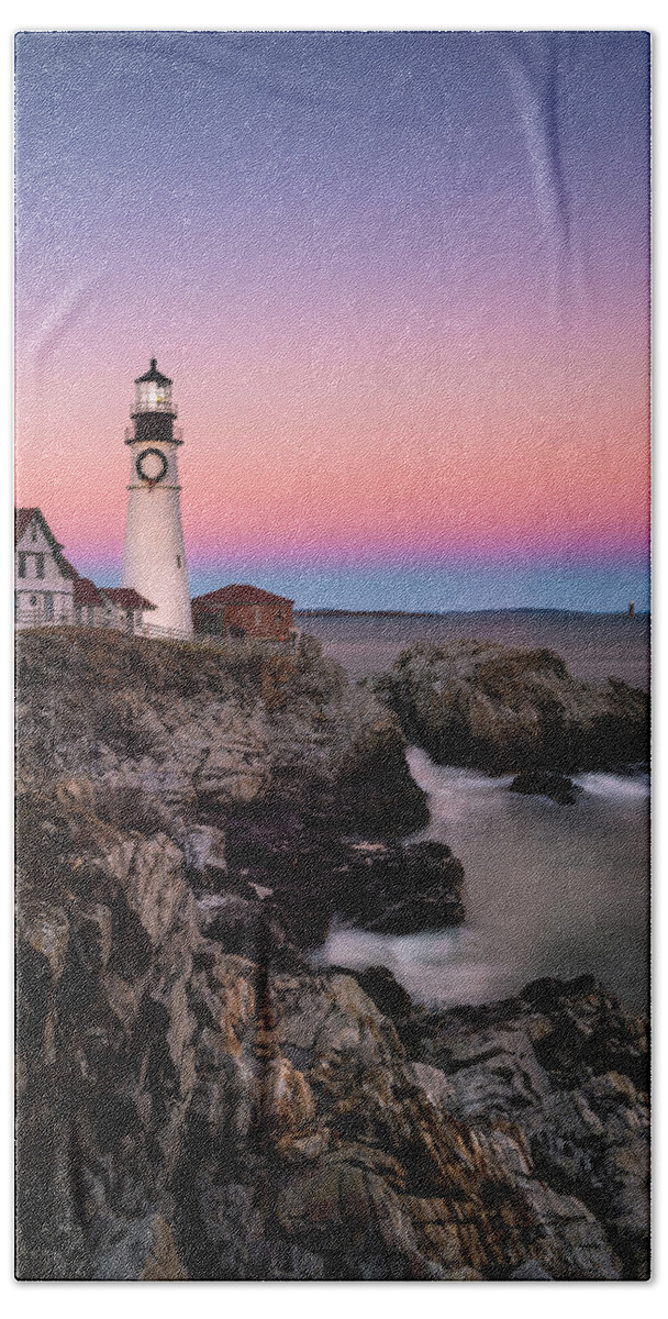 Maine Bath Towel featuring the photograph Maine Portland Headlight Lighthouse at Sunset Panorama #1 by Ranjay Mitra