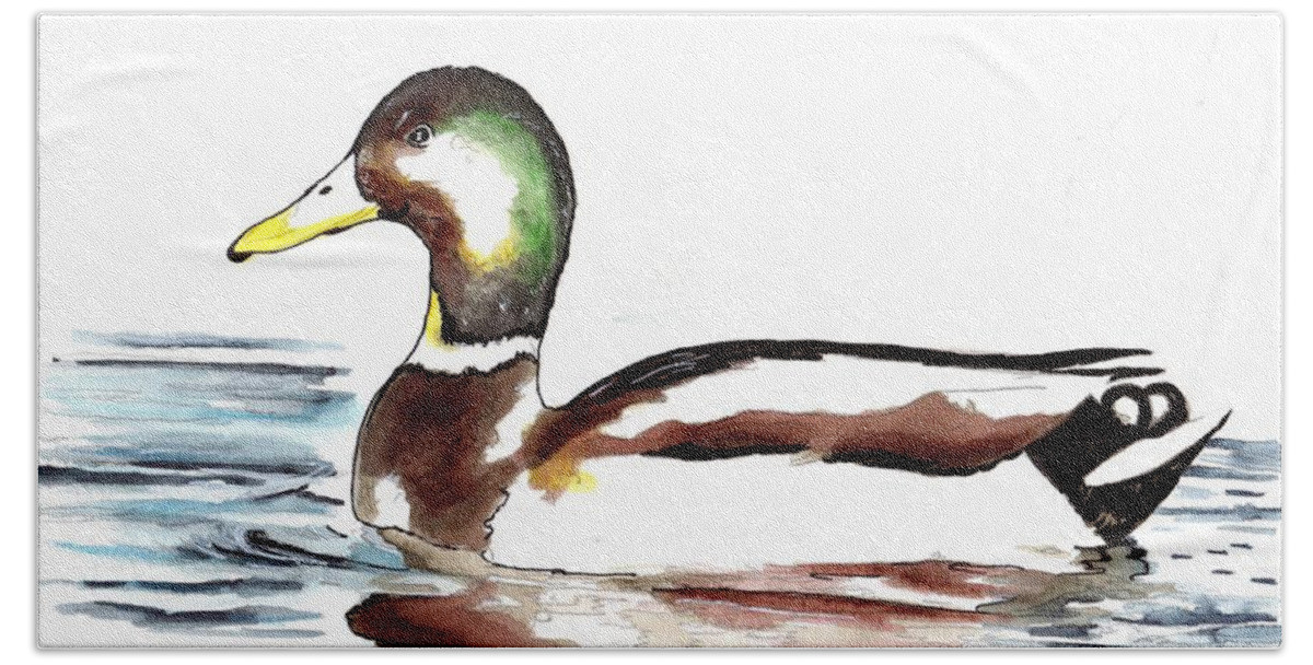 Water Hand Towel featuring the painting Mallard Duck #1 by Bill Richards