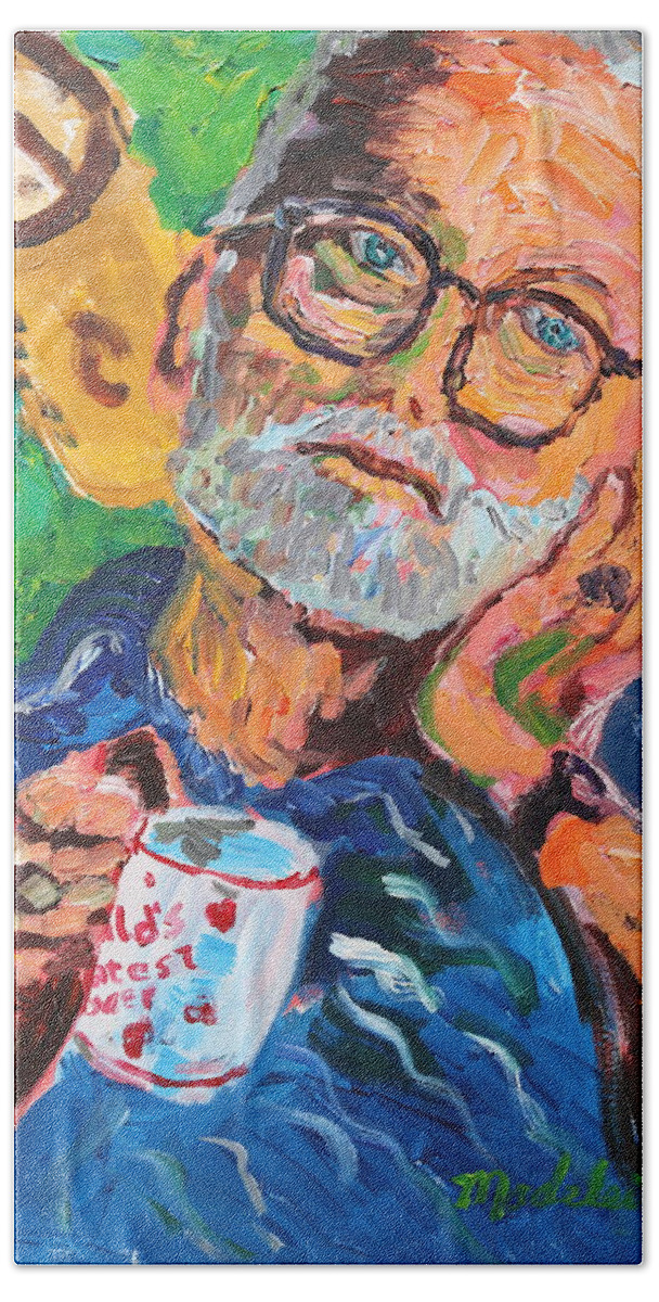 Portrait Bath Towel featuring the painting Man with cup of coffee #1 by Madeleine Shulman