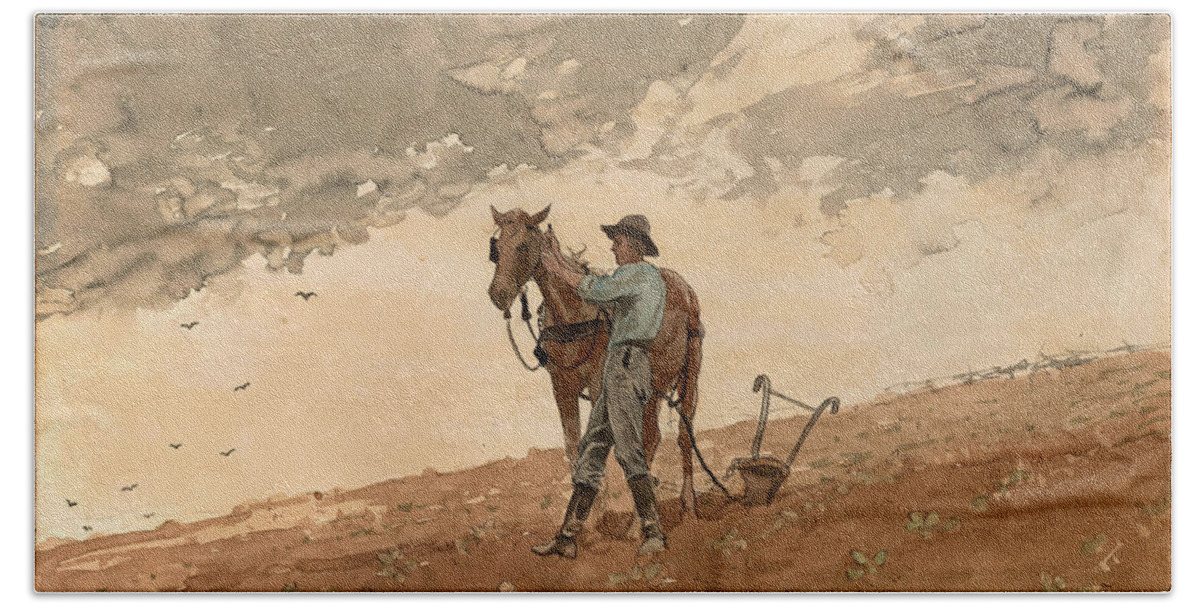 Winslow Homer Bath Towel featuring the drawing Man with Plow Horse by Winslow Homer