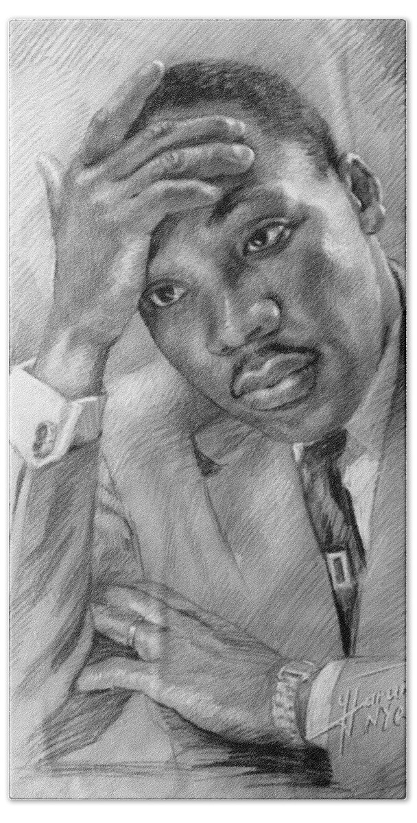 Martin Luther King Jr Bath Sheet featuring the drawing Martin Luther King Jr #1 by Ylli Haruni