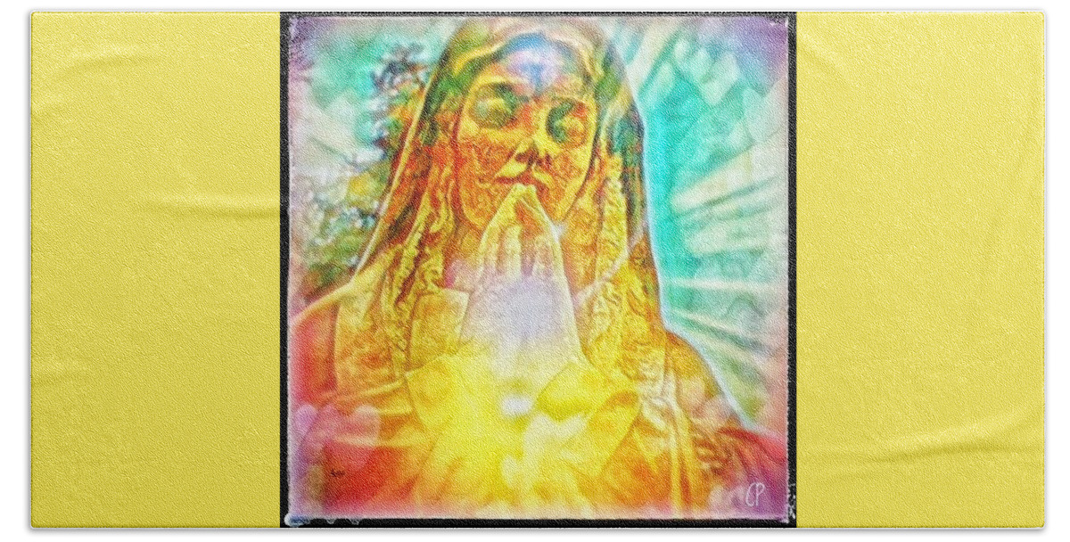 Prayer Hand Towel featuring the mixed media Mary #1 by Christine Paris