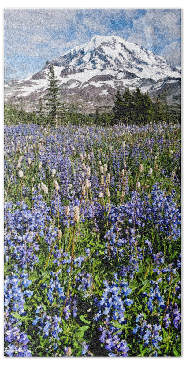 Alpine Bath Towel featuring the photograph Meadow of Lupine Near Mount Rainier #1 by Jeff Goulden