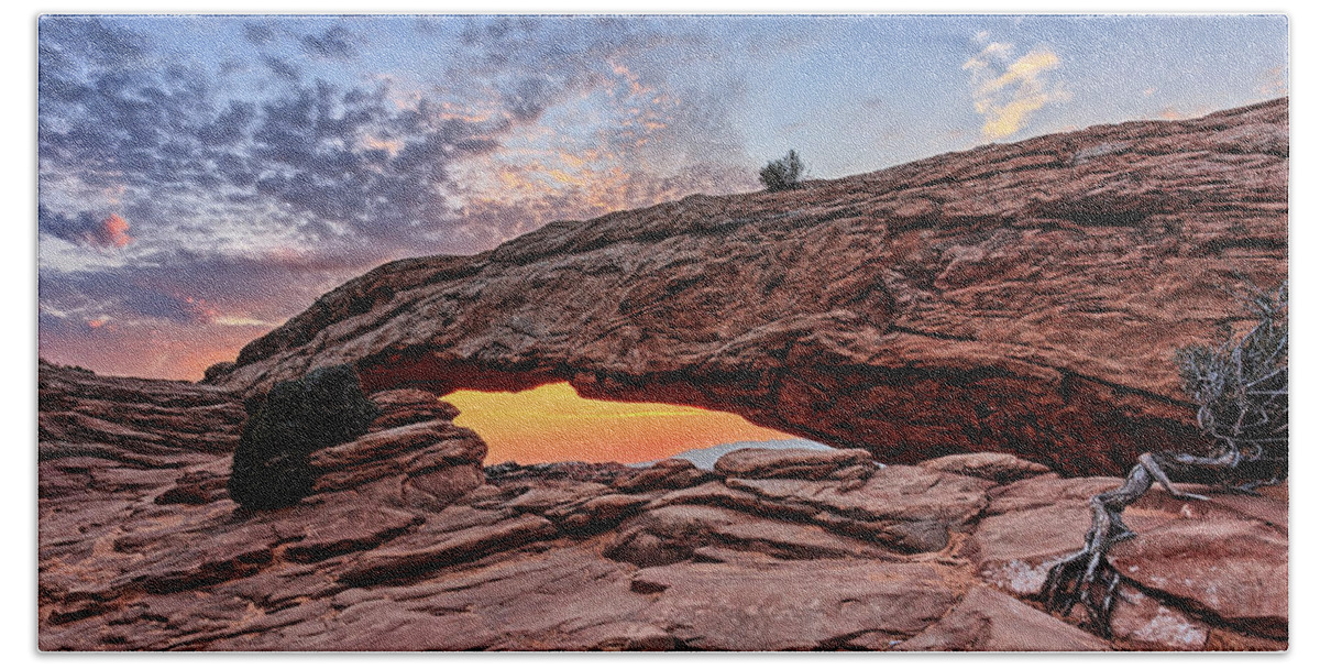 Canyonlands; Dawn; Desert; Inspirational; Landscape; Majestic; Mesa Arch; Morning; Natural Bridge; Nature; Rocks; Southwest; Stone Arch; Sunrise; Utah; Bath Towel featuring the photograph Mesa Arch at Sunrise #2 by Kyle Lee