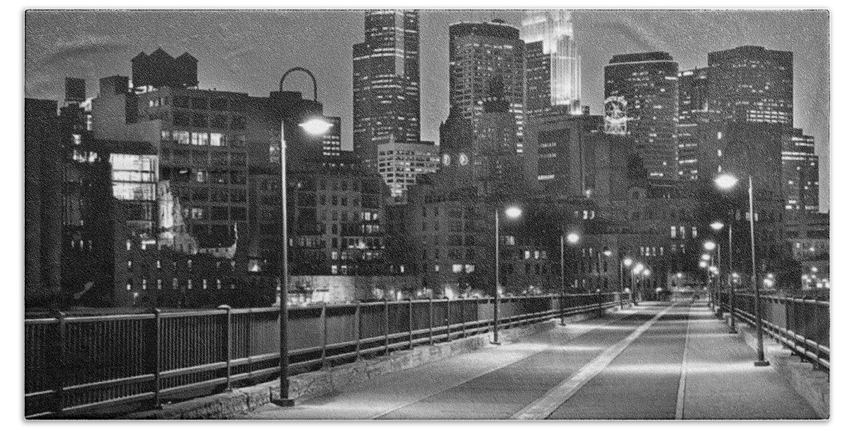 Minneapolis Skyline Bath Sheet featuring the photograph Minneapolis Skyline from Stone Arch Bridge by Jon Holiday