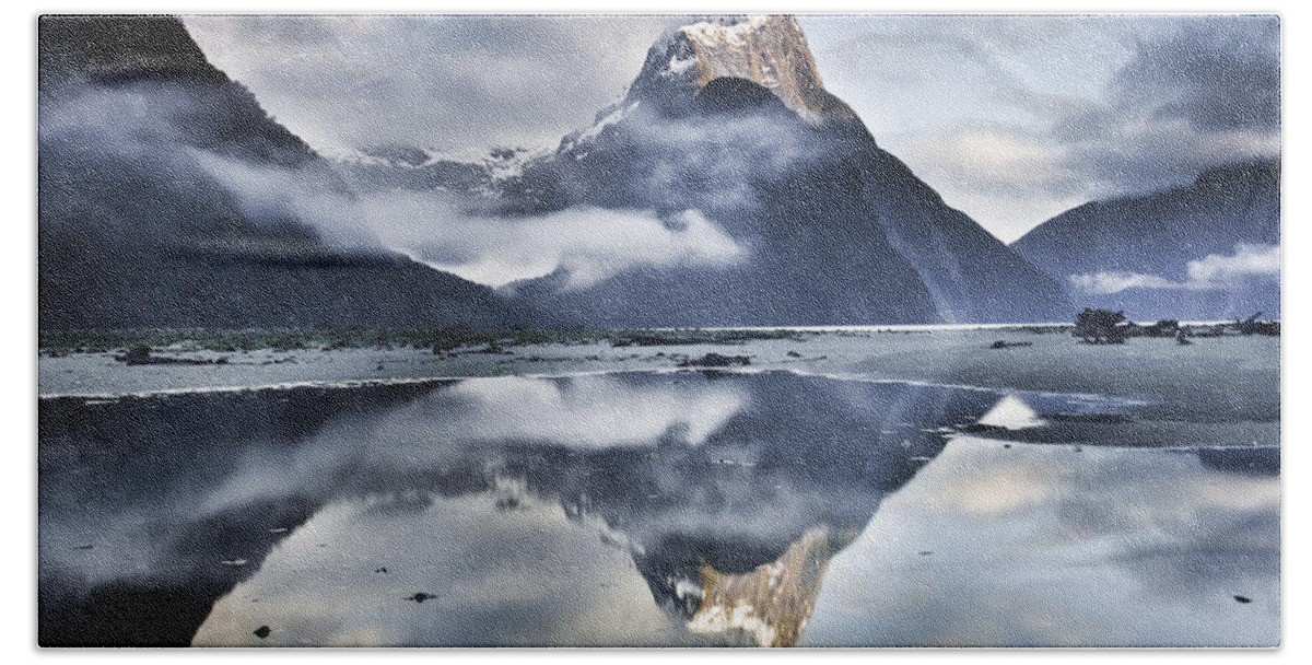 00438708 Bath Towel featuring the photograph Mitre Peak Reflecting In Milford Sound by Colin Monteath