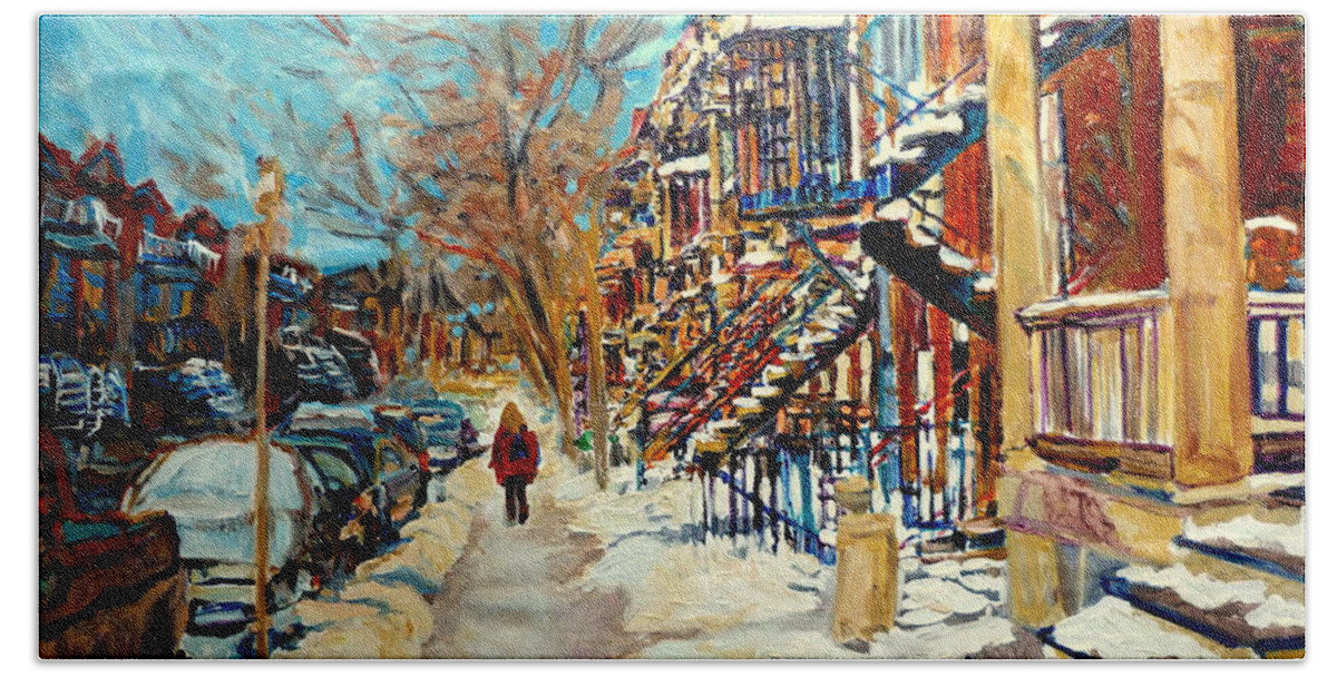 Montreal Hand Towel featuring the painting Montreal Street In Winter #1 by Carole Spandau