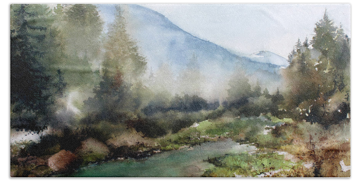 Mist Rises From The Forest North Of Hyder Bath Towel featuring the painting Morning Mist by Monte Toon