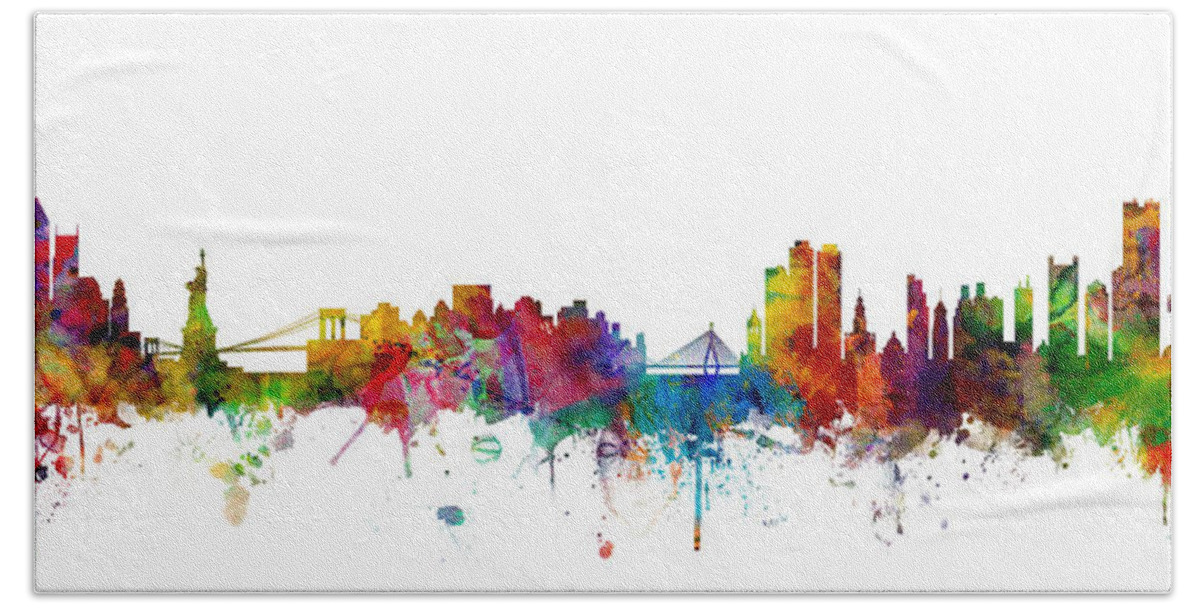 Boston Hand Towel featuring the digital art New York And Boston Skyline Mashup by Michael Tompsett