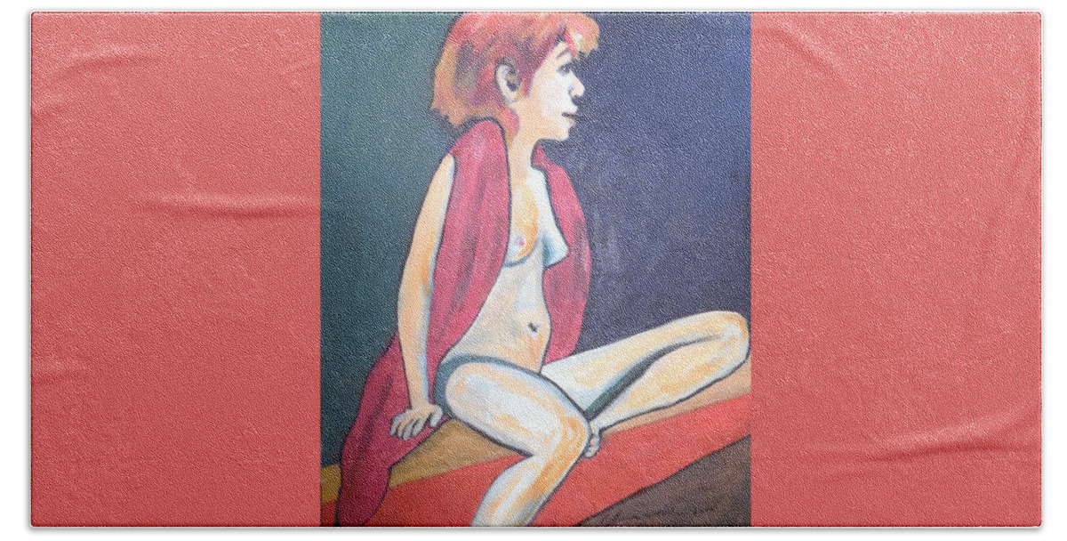 Nude With Red Shawl Hand Towel featuring the painting Nude with Red Shawl #2 by Esther Newman-Cohen