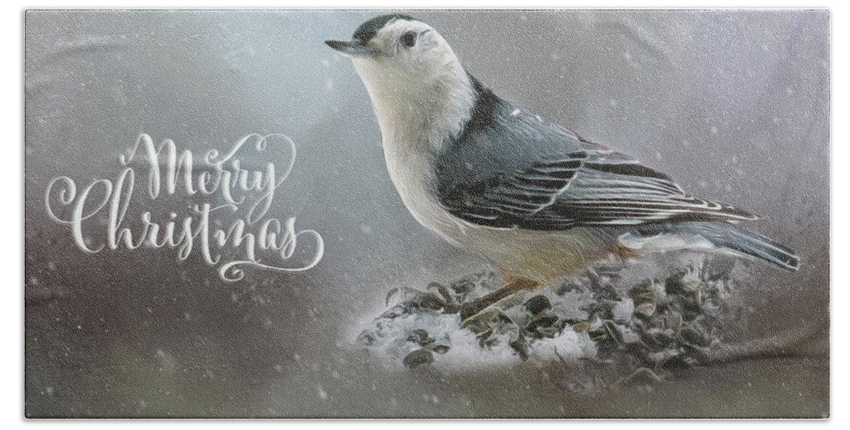 Bird Bath Towel featuring the photograph Nuthatch in Winter Holiday Card #1 by Cathy Kovarik