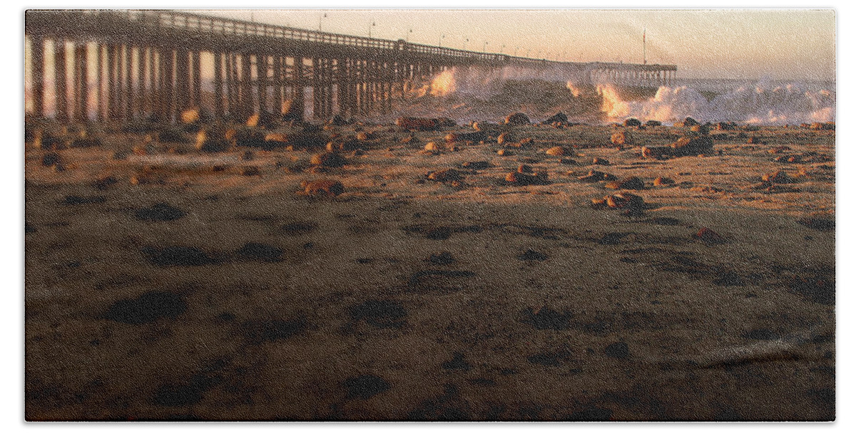 Storm Bath Sheet featuring the photograph Ocean Wave Storm Pier #1 by Henrik Lehnerer