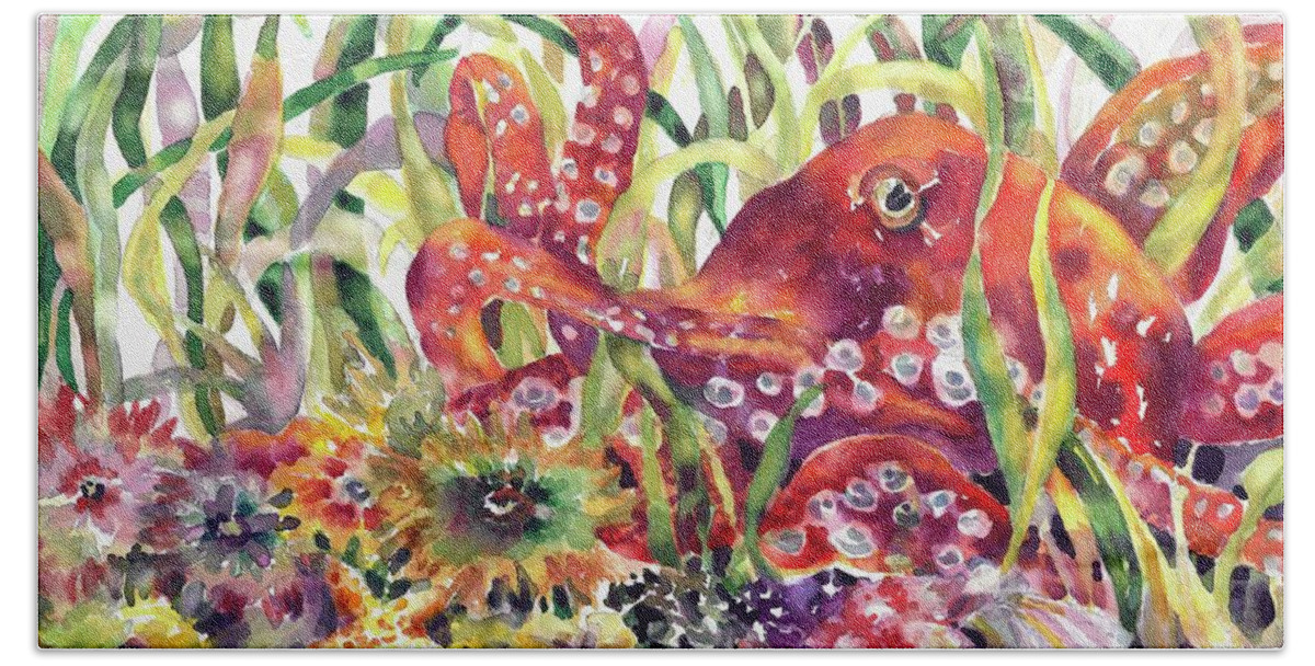 Bright Hand Towel featuring the painting Octopus Garden #1 by Ann Nicholson