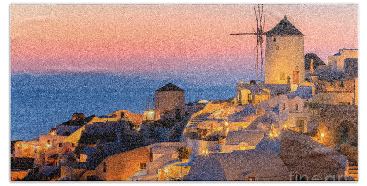 Greece Bath Towel featuring the photograph Oia on Santorini at Sunset #1 by Henk Meijer Photography