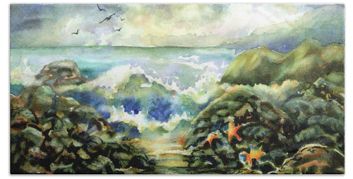 Watercolor Hand Towel featuring the painting On The Rocks by Ann Nicholson