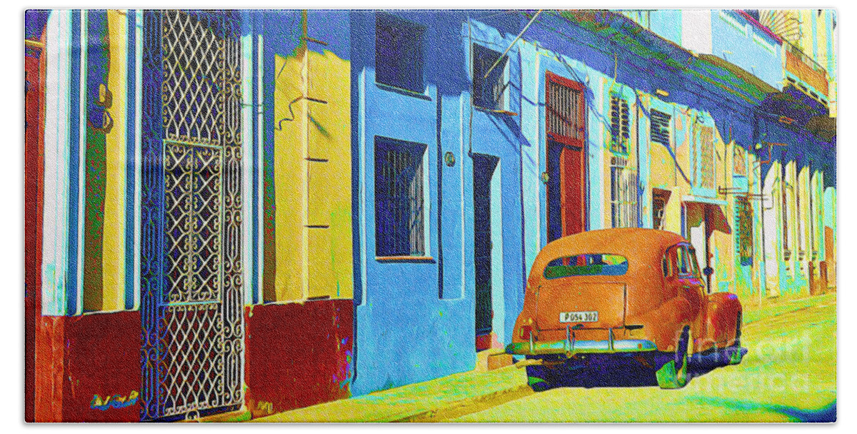 Havana Hand Towel featuring the painting Orange Classic Car - Havana Cuba #2 by Chris Andruskiewicz