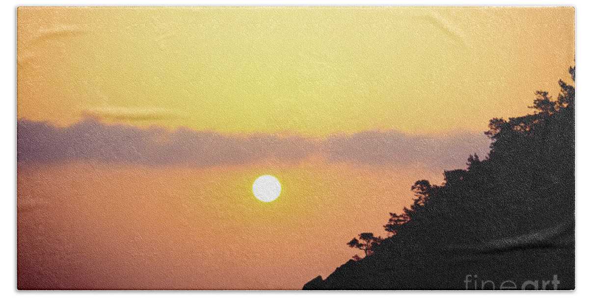 Sunset Bath Towel featuring the photograph Orange sunrise above sea #1 by Raimond Klavins
