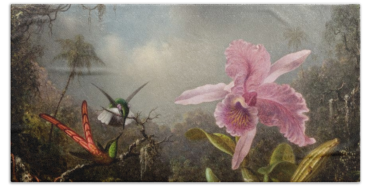 Orchid With Two Hummingbirds Bath Towel featuring the painting Orchid with Two Hummingbirds #1 by Martin Johnson Heade