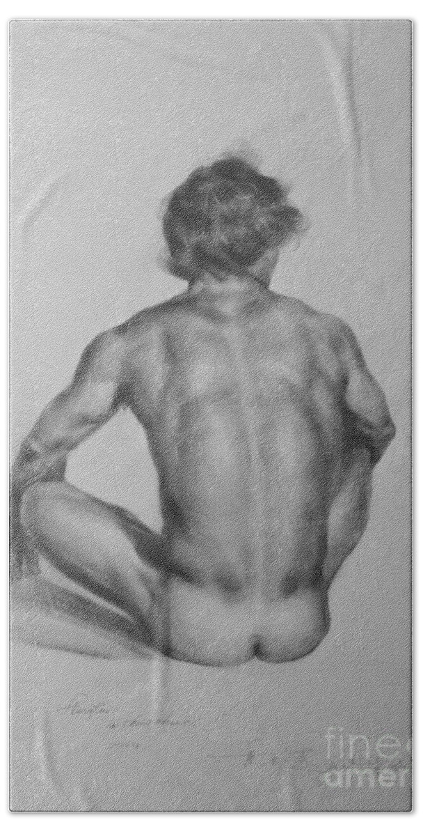 Original Art Hand Towel featuring the drawing Original Drawing Sketch Charcoal Male Nude Gay Interest Man Body Art Pencil On Paper -0057 #1 by Hongtao Huang