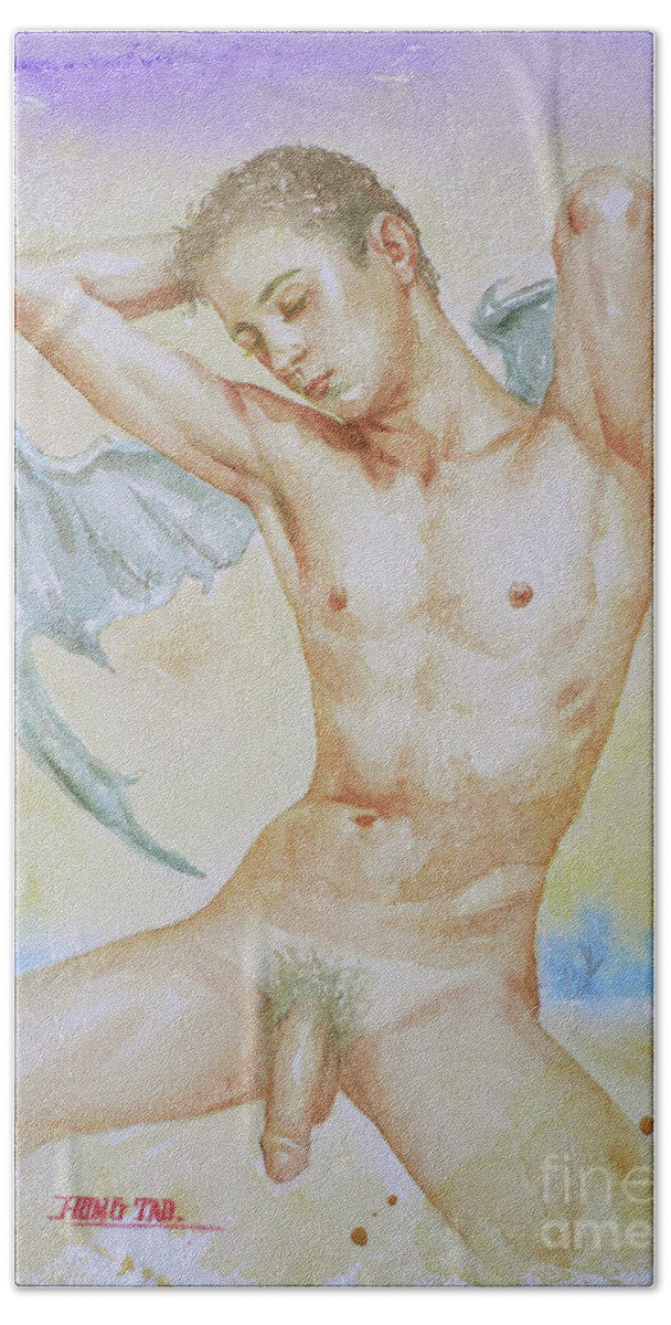 Hongtao Huang Hand Towel featuring the painting Original Oil Painting Gay Interest Male Nude Men On Linen#16-8-11-01 #2 by Hongtao Huang
