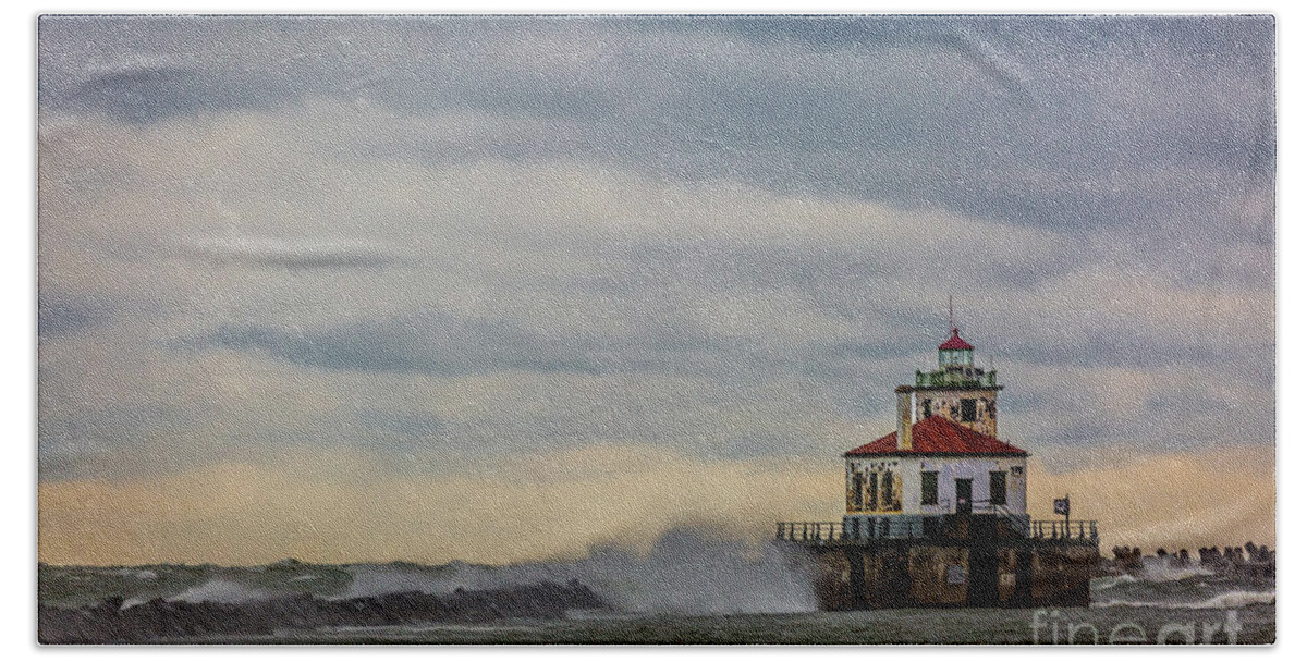 Breakers Hand Towel featuring the photograph Oswego Harbor West Pierhead Light #1 by Roger Monahan