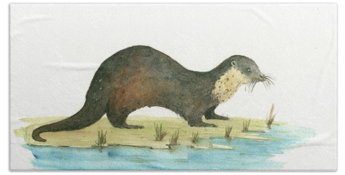 River Otter Bath Towel featuring the painting Otter #1 by Juan Bosco