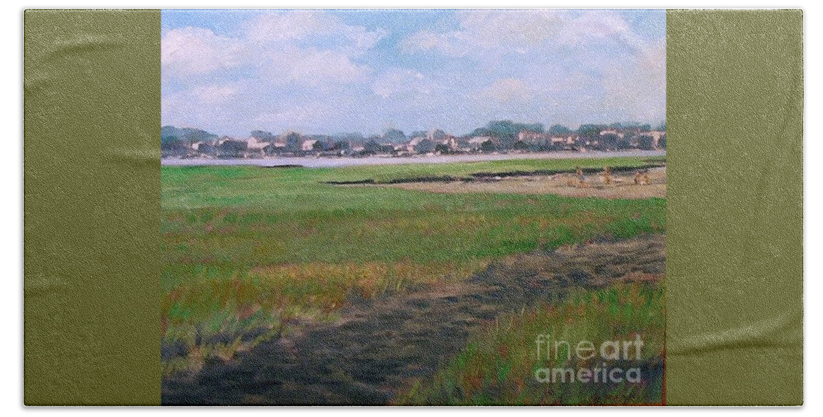 New England Bath Towel featuring the painting New England Shore by Perry's Fine Art