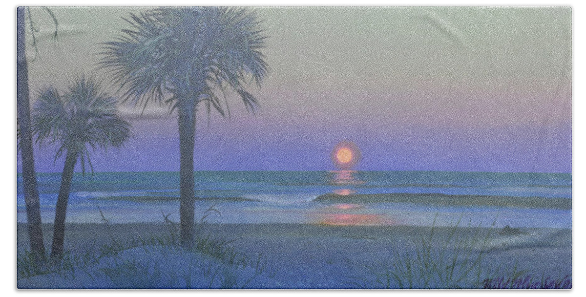 Seascape Bath Towel featuring the painting Palmetto Moon by Blue Sky