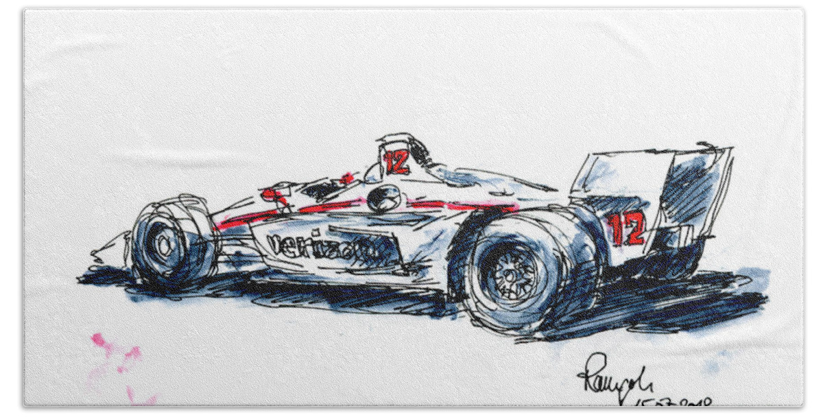 Penske Hand Towel featuring the drawing Penske Racing Indycar Ink Drawing and Watercolor by Frank Ramspott